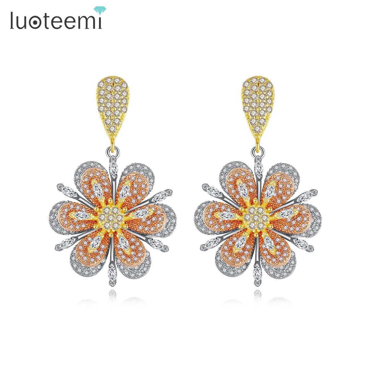 

LUOTEEMI Luxury Big Flower Drop Earrings for Women Wedding Engagement Fashion Jewelry Orange Color CZ Friend Christmas Gifts