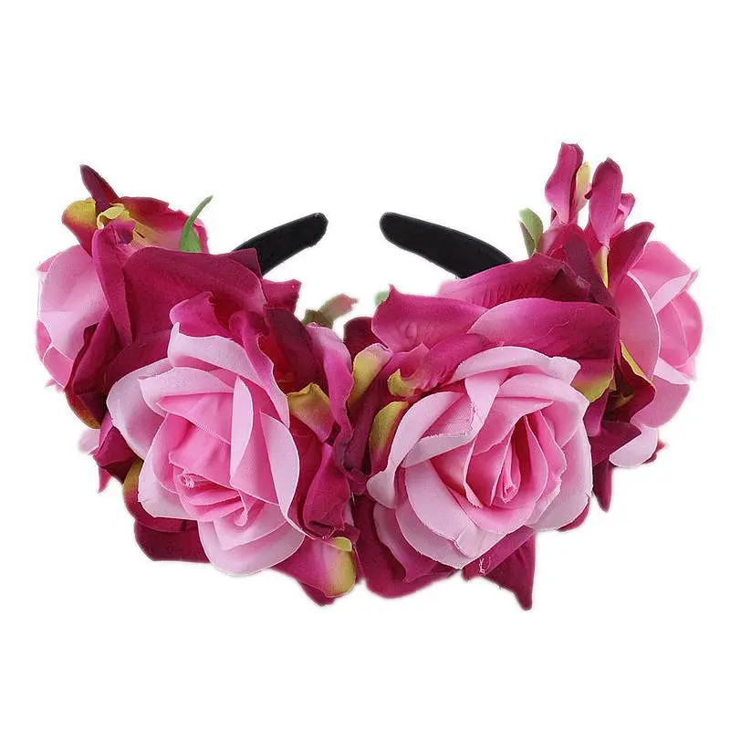 Women\'s Hawaiian Stretch Rose Large Flower Floral Crown for Garland Party  Day of The Dead Headband Costume Mexican Headpiece