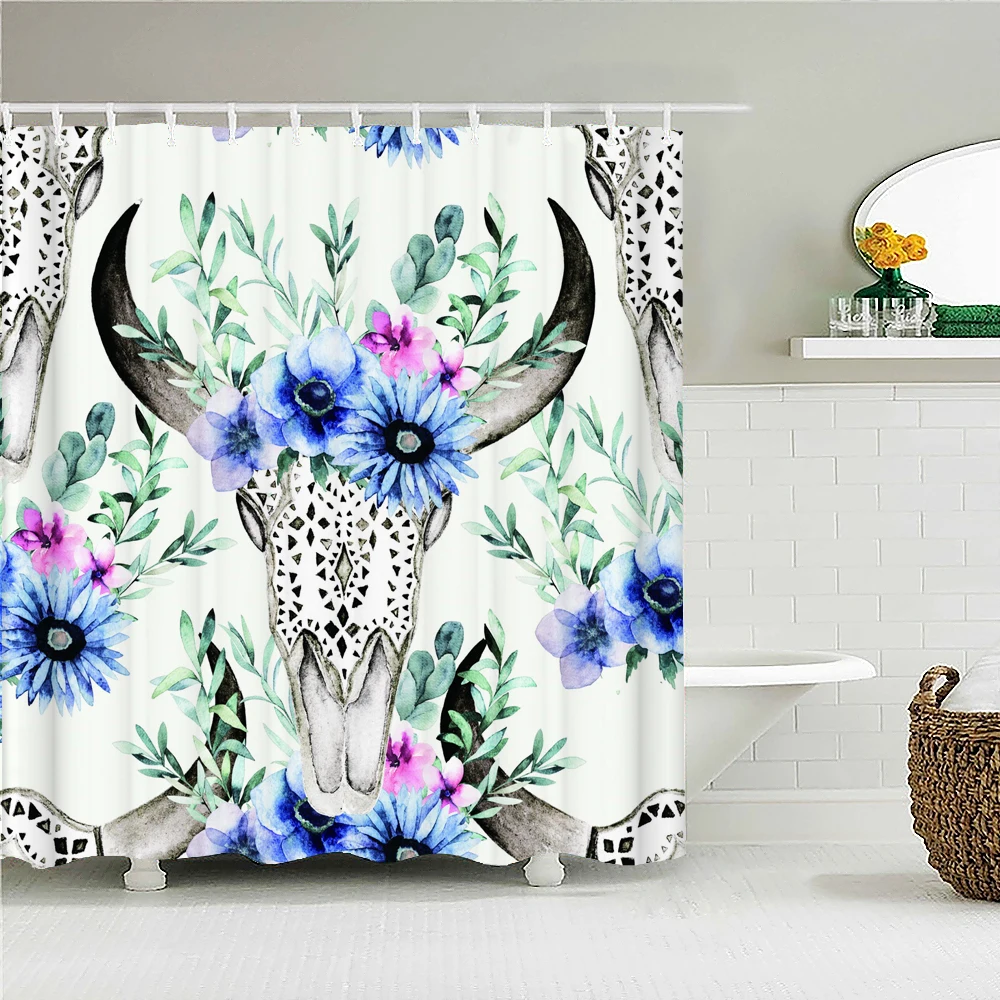 Flowers Plant Bath Curtain Waterproof Fabric Shower Curtains Leaves Funny Animals Printing Bathroom Screen Decoration with Hooks