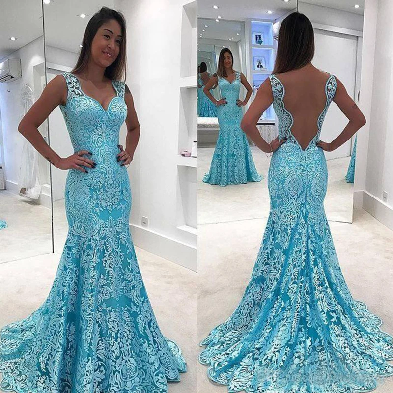 Sexy Backless Mermaid Evening Dress Lace Applique Sleeveless Formal Prom Party Gown Floor Length Custom Made