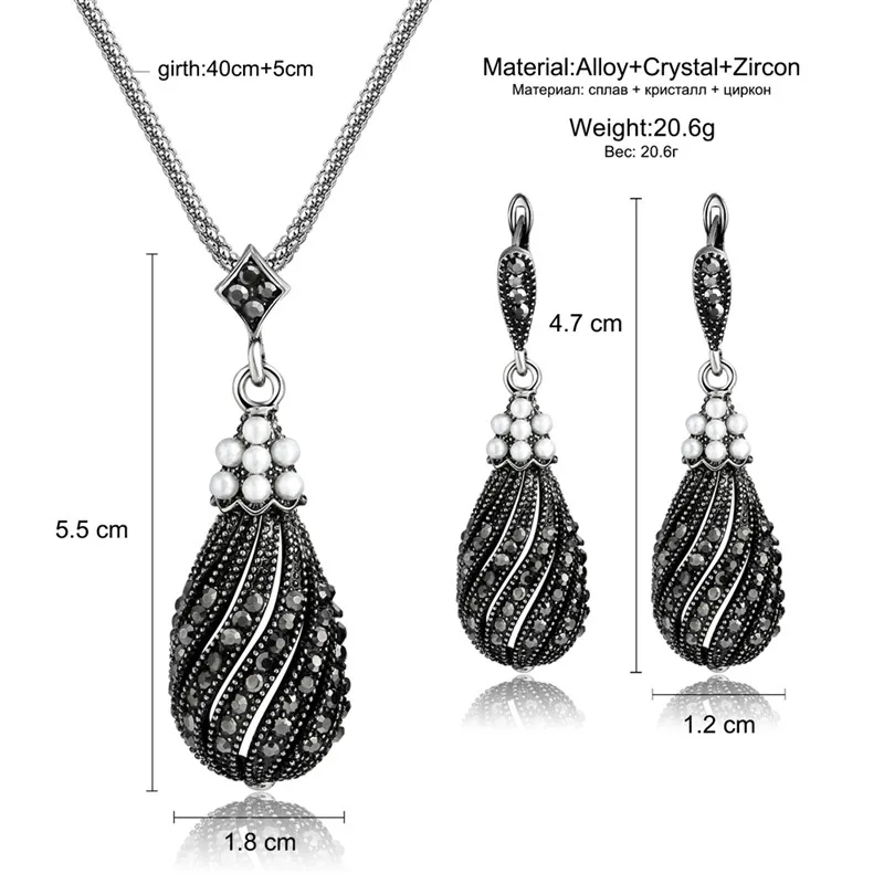 Vintage Elegant Silver Plated Black Zircon Crystal Geometric Pendant Necklace Drop Earring for Women Wedding Jewelry Sets