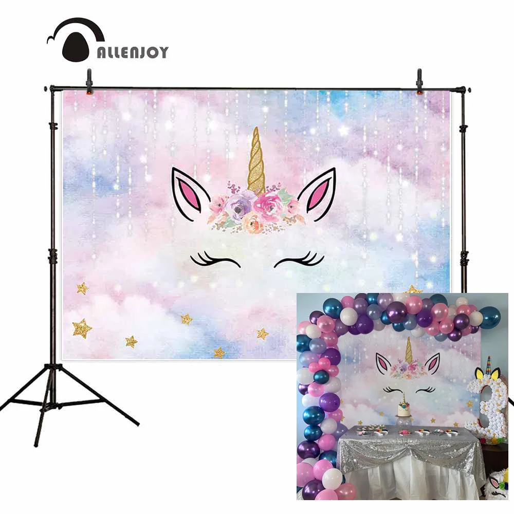 

Allenjoy cute baby child birthday party golden stars dream color cloud Bright light unicorn backdrop photography background