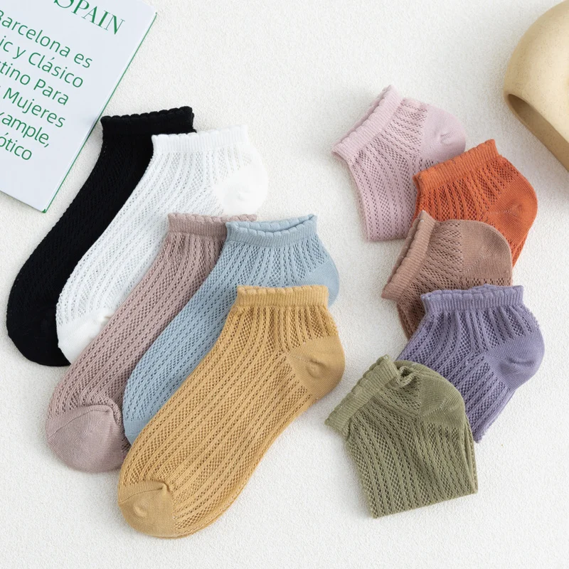 5 Pairs Women Cotton Short Socks Summer Thin Mesh Low Cut Soft Breathable Solid Color No Show High Quality Female Ankle Socks