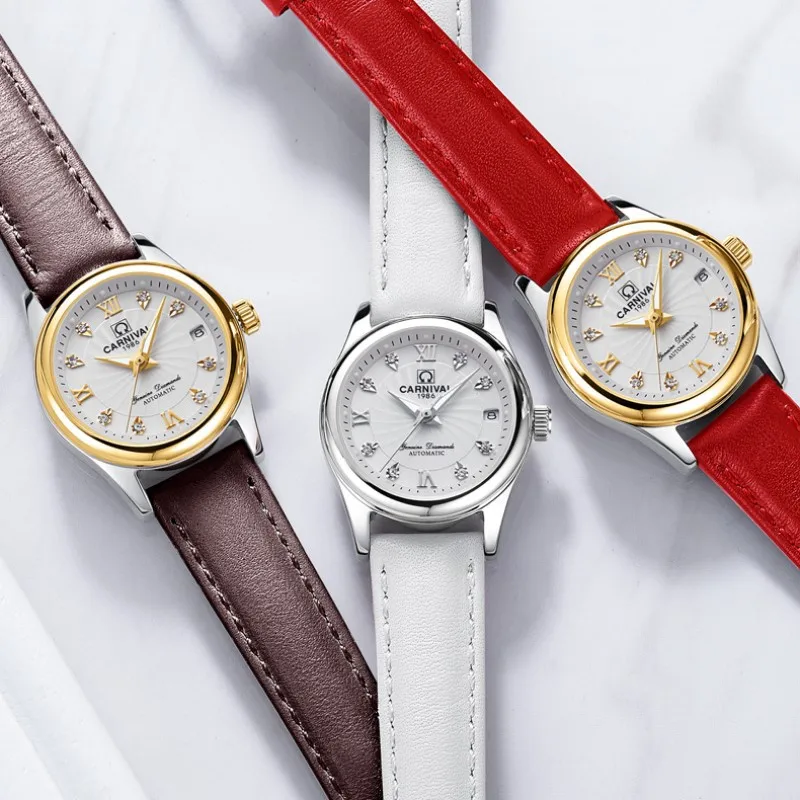 Relojes de lujo de marca CARNIVAL para mujer, reloj de pulsera mecánico automático con calendario de zafiro resistente al agua a la moda para mujer,