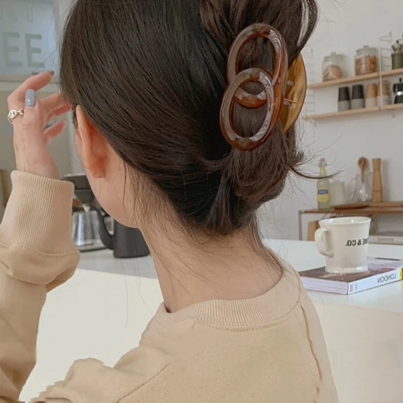 Vintage brown Korean hair accessories female acrylic transparent double-circle hairpin clip elegant medium ponytail hair clip