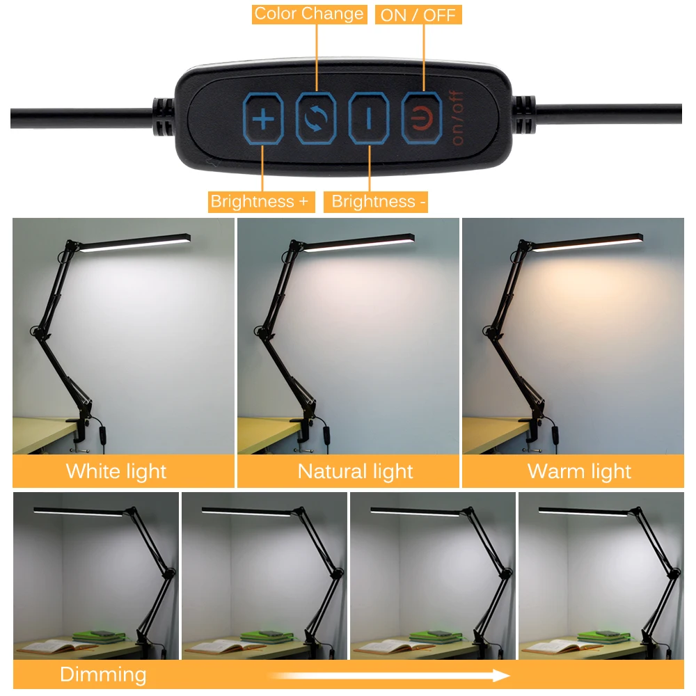 Imagem -03 - Metal Led Desk Lamp com Braço Balanço Eye Cuidar Mesa Luz Modos de Cor Stepless Diming Carregamento Usb Leitura Trabalho Studing