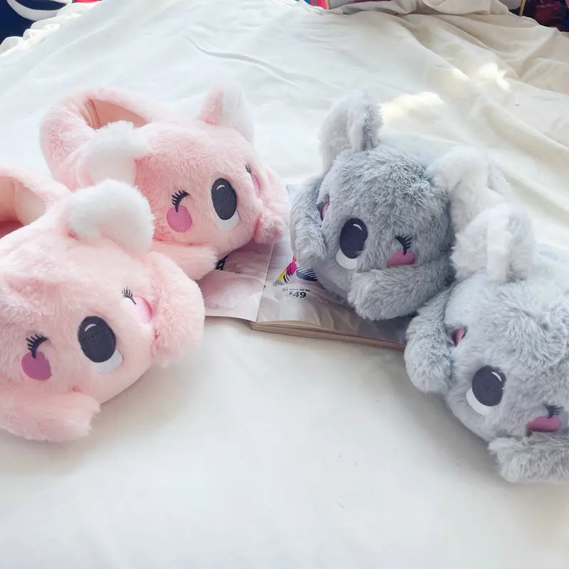 Cute Pink Gray Koala Cartoon Animal Plush Slippers Female Winter Warm Koala Home Woman Slipper