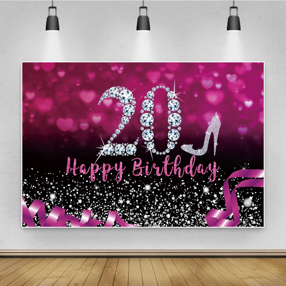 

Pink Red Happy 18th 20 21 30 Fabulous Women's Birthday Party Princess Diamond Love Poster Photo Background Photographic Backdrop