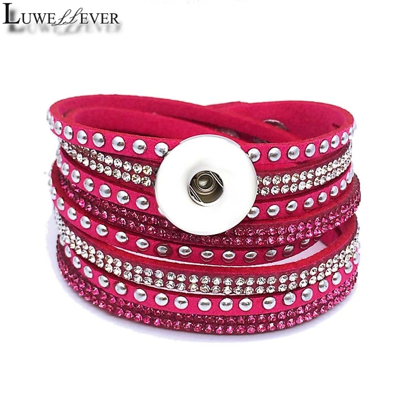 New Interchangeable Crystal 189 Rhinestones Velvet Leather Bracelet 18mm Snap Button Jewelry Charm Bangle For Women Gift 39cm