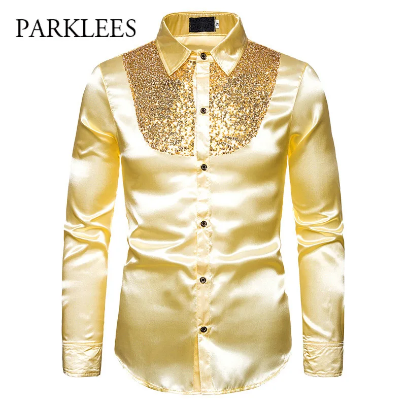 Men's Silk Satin Smooth Shirt Luxury Gold Sequin Tuxedo Shirt Party Stage Performance Wedding Dress Shirts Chemise Homme