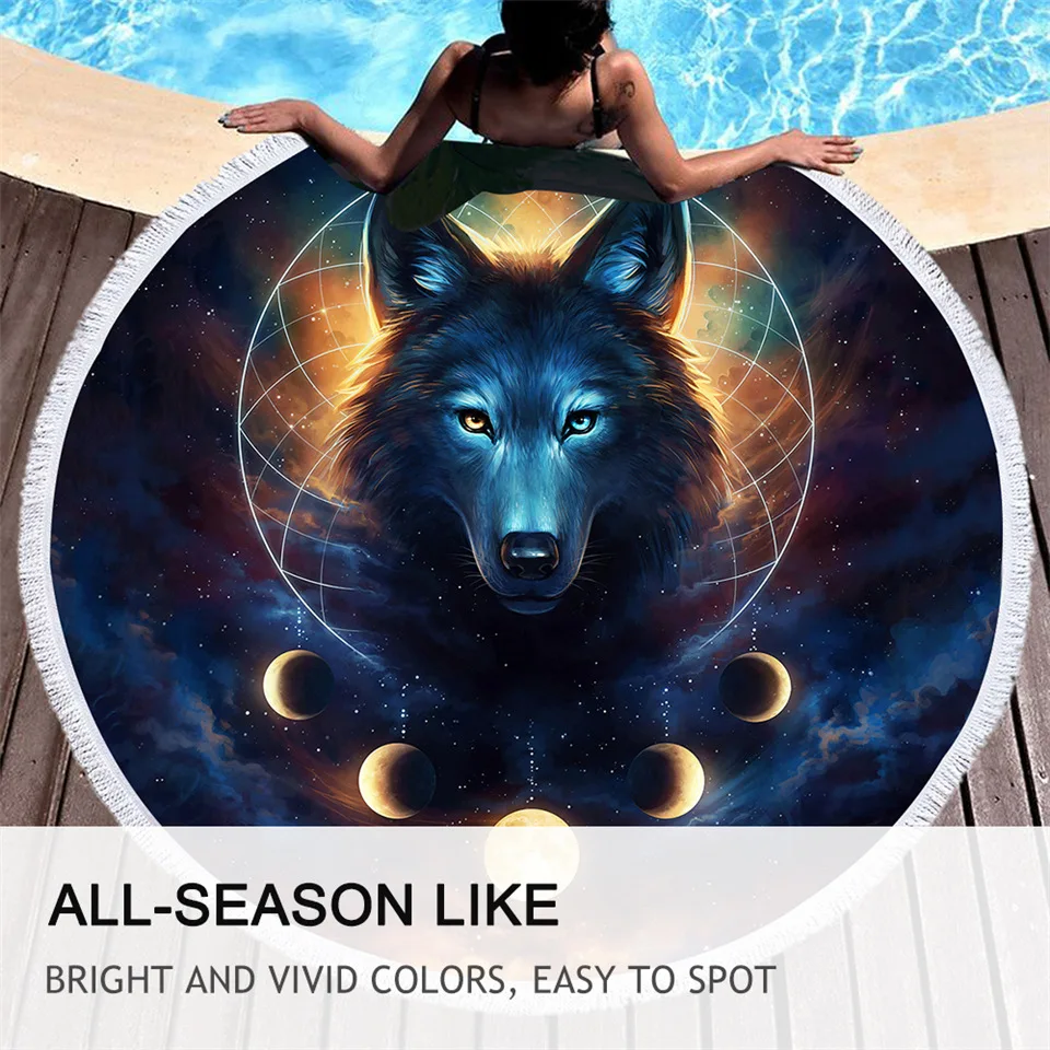 حلم الماسك بواسطة JoJoesArt منشفة الشاطئ المستديرة للبالغين ستوكات Toalla القمر كسوف بطانية شرابة الذئب غالاكسي نسيج 150 سنتيمتر #4