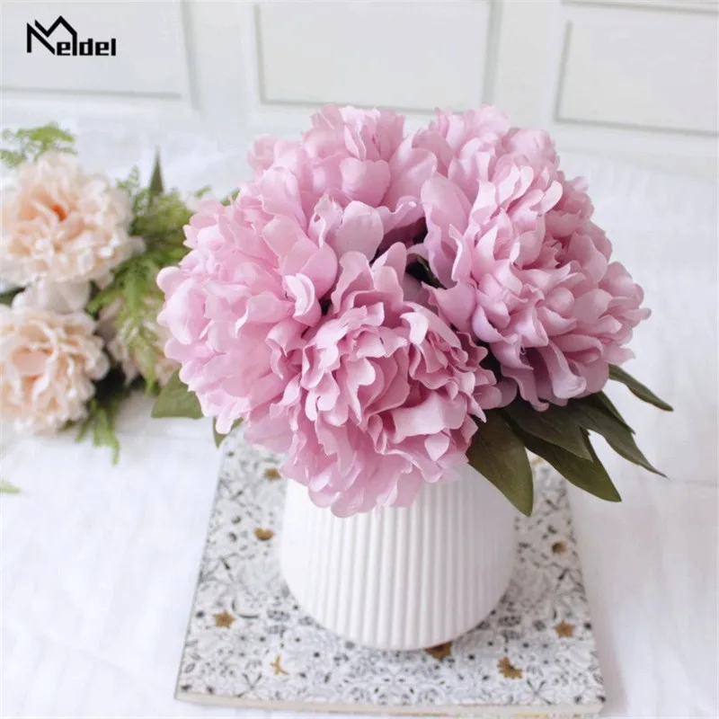 Meldel ผ้าไหม Peony ดอกไม้ประดิษฐ์ช่อดอกไม้ผ้าไหมสีชมพู Peonies 5 หัวปลอมดอกไม้บ้านงานแต่งงานตกแต่งคริสต์มาส