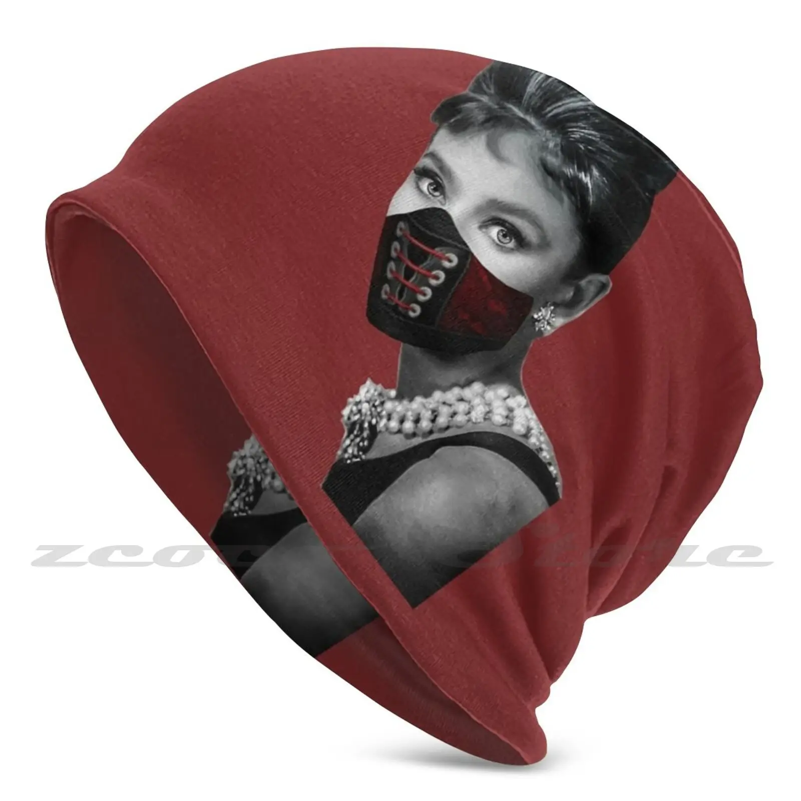 Audrey Hepburn Wearing A Face Mask Knit Hat Elastic Soft Personalized Pattern Present Cap Audrey Hepburn Pink Bubble Gum Pearls