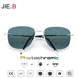 Fashionable Men's Frameless Titanium Transition Aviation Sunglasses Photochromic Progressive Multifocal Reading Glasses