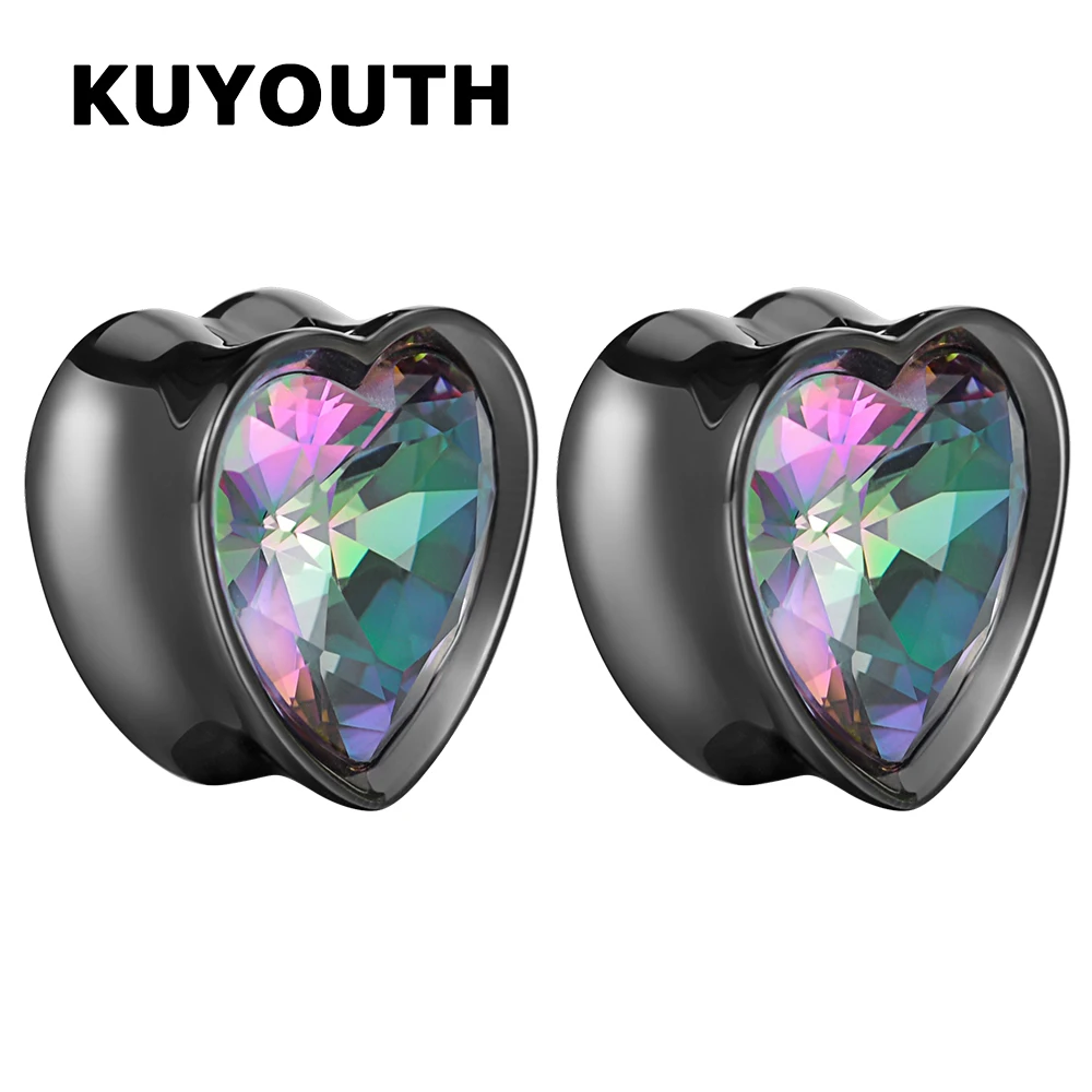 

KUYOUTH 2PCS Stainless Steel Heart-Shaped White Zircon Ear Tunnels Gauges Stretchers Body Piercing Jewelry Earring Expanders