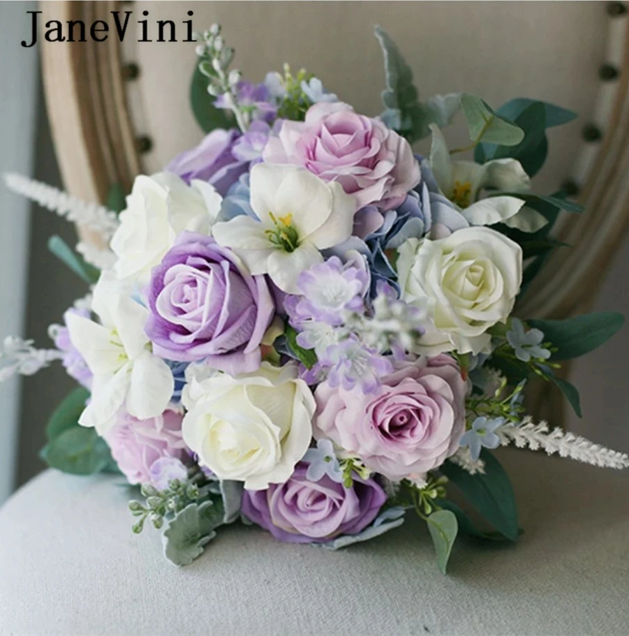 JaneVini Boeket Bloemen Purple Artificial Rose Bride Flower Wedding Bouquet Flowers Bridal Bouquets Accessory Ramo Flores Novia