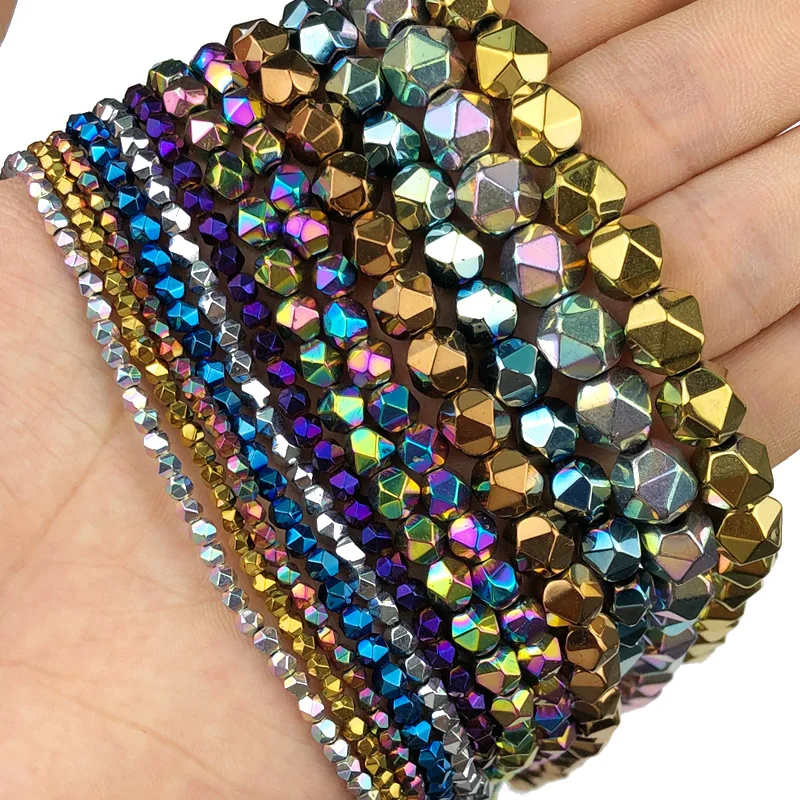 JHNBY Gold Plated,Blue Faceted Round Hematite 3/4/6/8/10mm Natural Stone Spacers Loose Beads For Jewelry Making DIY Accessories