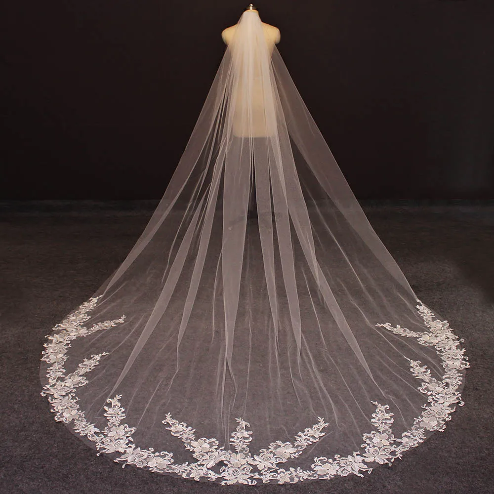 Beautiful High Quality Long Wedding Veil Lace Appliques Cathedral Bridal Veil with Comb White Ivory 3 M Veil Wedding Accessories