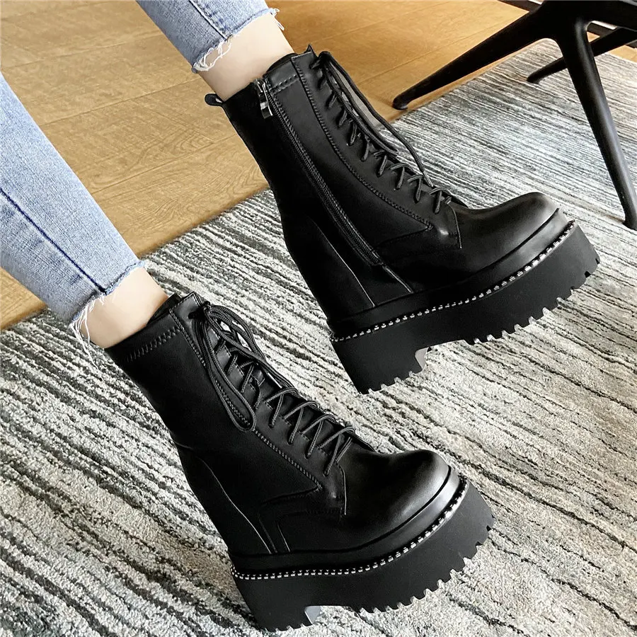 Punk Trainers Women Lace Up Genuine Leather Wedges High Heel Platform Pumps Shoes Female Round Toe Fashion Sneakers Casual Shoes