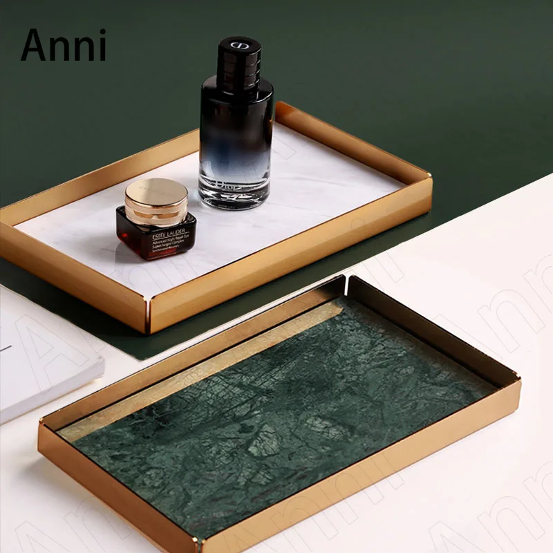 

Natural Marble Brass Trays Decorative Modern Simplicity Dressing Table Cosmetics Jewelry Storage Display Tray Home Decoration