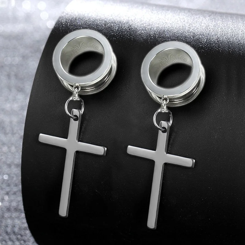 2Pcs Ear Piercing Dangle Cross Ear Plugs and Tunnels Stainless Steel Oreja Dilatacions Ear Expander 4m-25mm Punk Body Jewelry