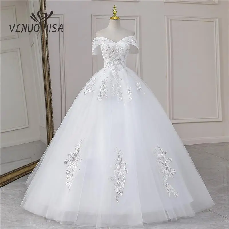 Real Video Off Shoulder V Neck Wedding Dress Plus Size Vestido Noiva Luxury Sequined Bead Lace Embroidery Princess Bridal Gown