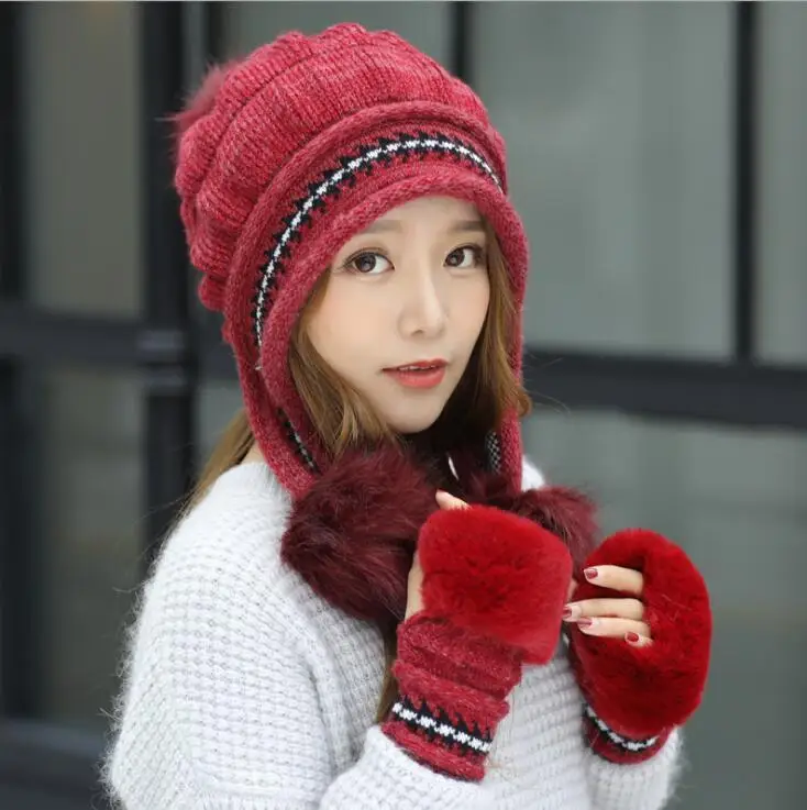 Girl Warm Ski Brand rabbit Fur Pom Poms Warm Gloves + knit hat set Winter Women Wool Beanie Hat thick Skullies Female Cap