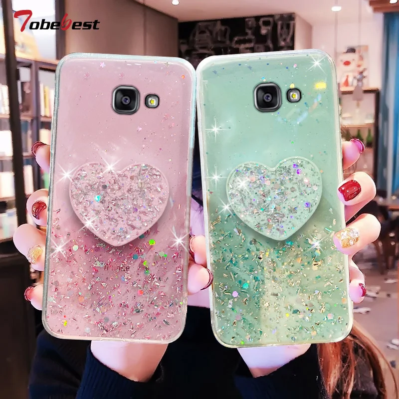 Bling Glitter Heart Love Phone holder Case For Samsung Galaxy J4 J6 Plus J2 J5 J7 Prime Silicone Silver Foil Transparent Cover