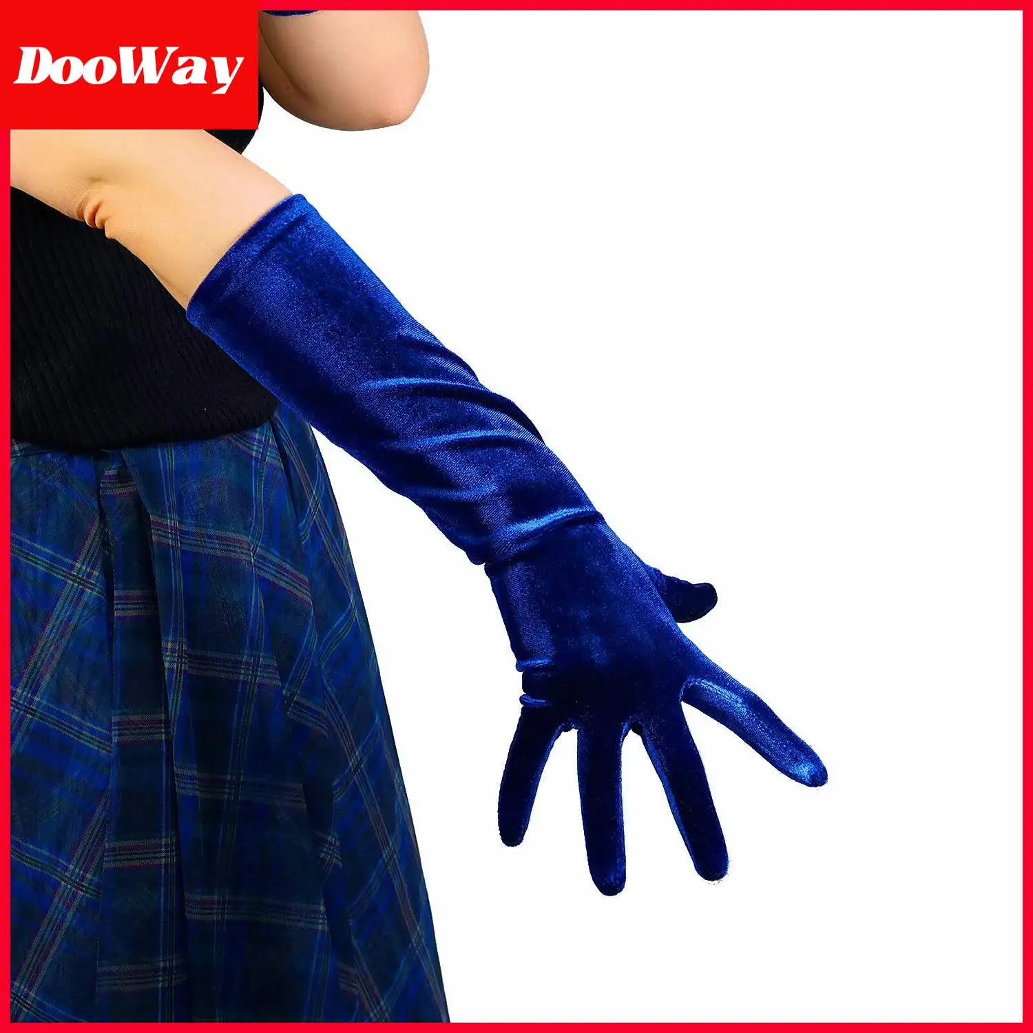 DooWay Women's Long Navy Blue Velvet Gloves Stretch Touchscreen Winter Warm for Dressing Evening Party Daily Wearing Cosplay