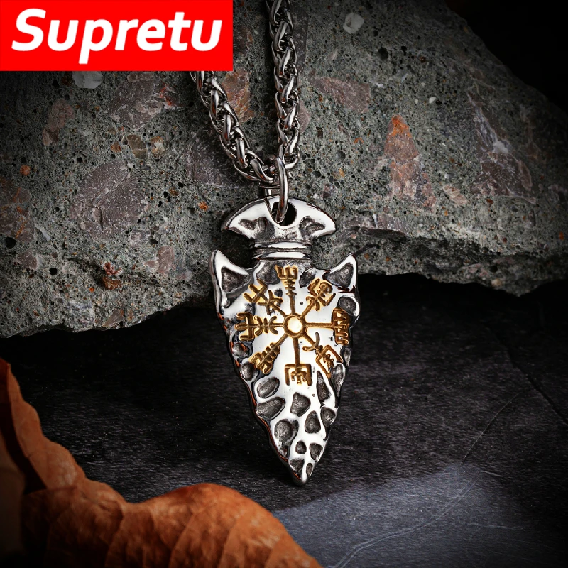 Stainless Steel Spear Compass Necklace Norse Viking Gold Color Runes Shield Pendant Self-defense Amulet Men Scandinavian Jewelry