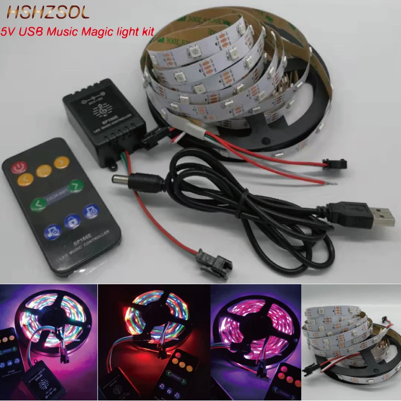 USB 5V SP106E 9keys Music control LED Strip set Music Sync Dream Color WS2812 RGB SMD5050 Strip Lighting with Remote controller