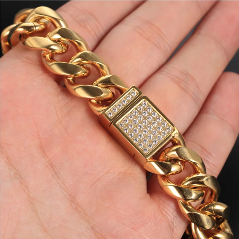 

15mm CZ Stainless Steel Cuban Link Bracelet Gold Silver Color Plated HipHop Micro Paved for Mens Boys Hip Hop Rock Miami Bangle