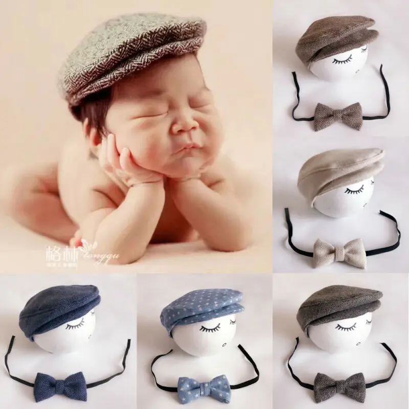 2020 Newborn Photo Props Baby Boys Beret Hat + Bow Tie Set Newborn Newborn Photography Props Gentleman Cap Photo Outfit