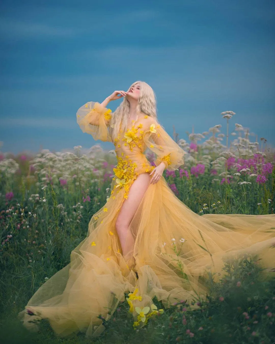 Yellow Tulle Prom Dress With 3D Flowers Floral Print Dress See-Through Sexy High Side Silt Dress With Train Photo Shoot Dresses