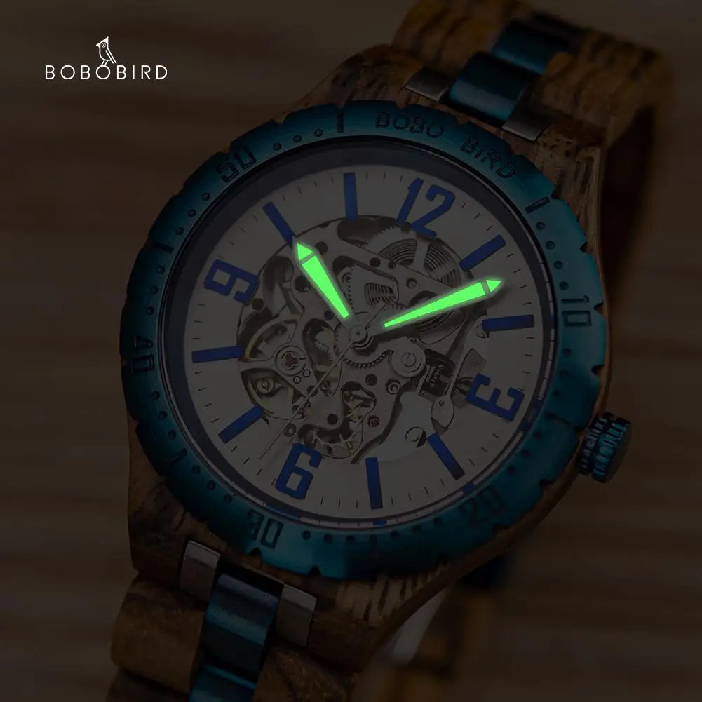 Orologio meccanico da uomo BOBO BIRD Nuovo orologio da polso in legno blu da lavoro alla moda, movimento meccanico di qualità, regalo per l'amante