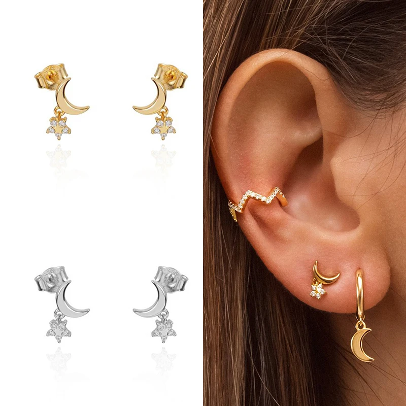 CRMYA Moon Star Women Stud Earrings gold-plated Cubic Zirconia Unusual Earring Piercing Ear Girls Jewelry Wholesale