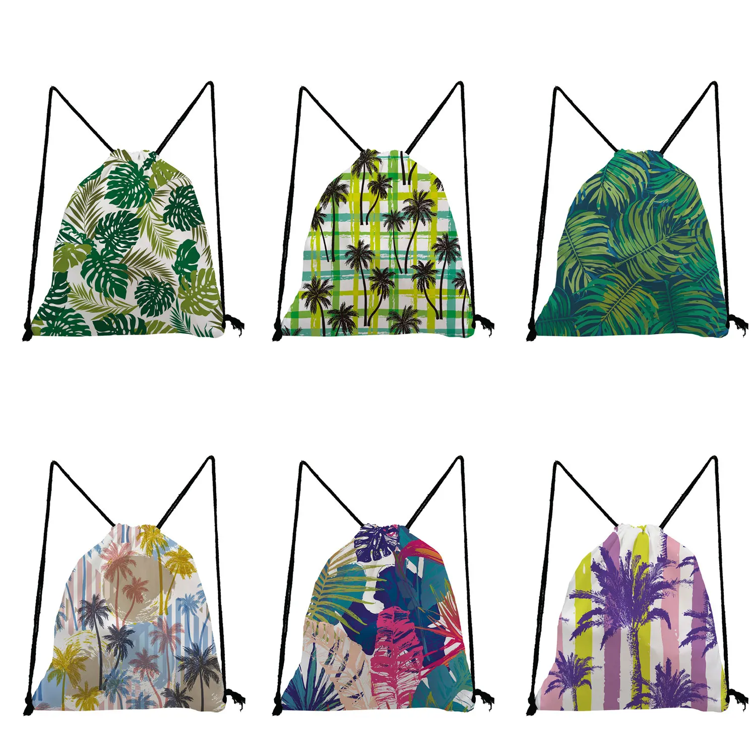 

Simple Softback Size Drawstring Bag Beach Travel Storage Bags Casual Colorful Coconut Tree Printed Backpack Eco Reusable Women