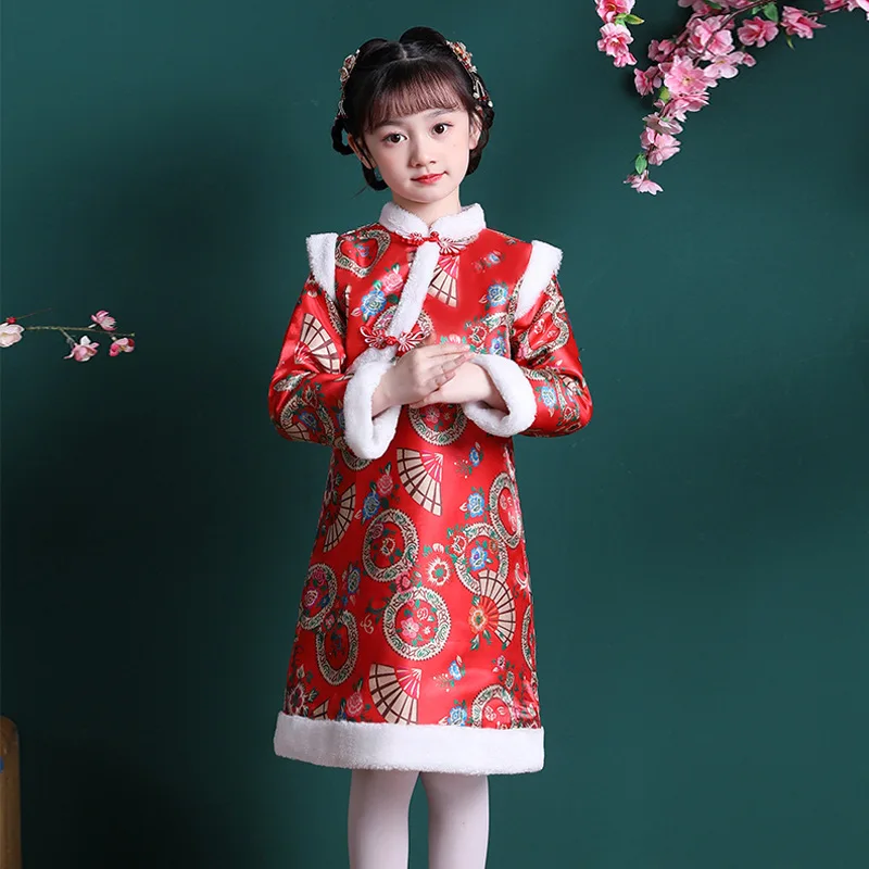 

Girls Autumn Winter New Thick Hanfu Retro Chinese Style Princess Dress Party Evening Performance New Year Greeting Vestido Qipao