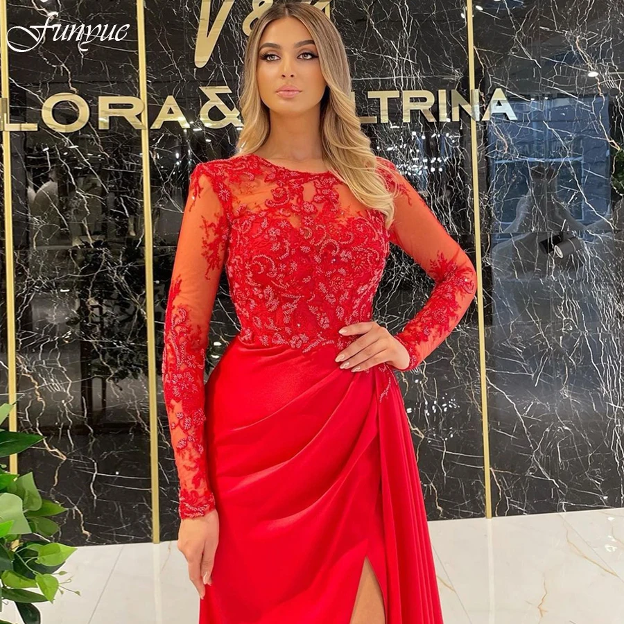 Funyue Red Mermaid Evening Gowns for Women Party Wear Formal Dress Long Sleeve Illusion Lace Beaded Sexy Side Slit Prom Dresses