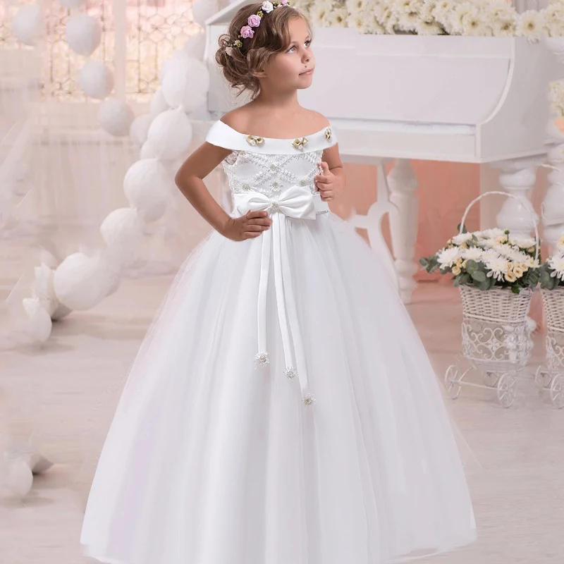 

White Cute Kids Dresses For Girls Teenager Bridesmaid Elegant Princess Wedding Lace Dress Vestido Party Formal Wear 4-14 Years