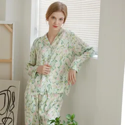 New Fashion Soft Viscose Women's Long Sleeve Pajama Sets Floral Prited Loose Sleepwear Suits Home Clothes Plus Size