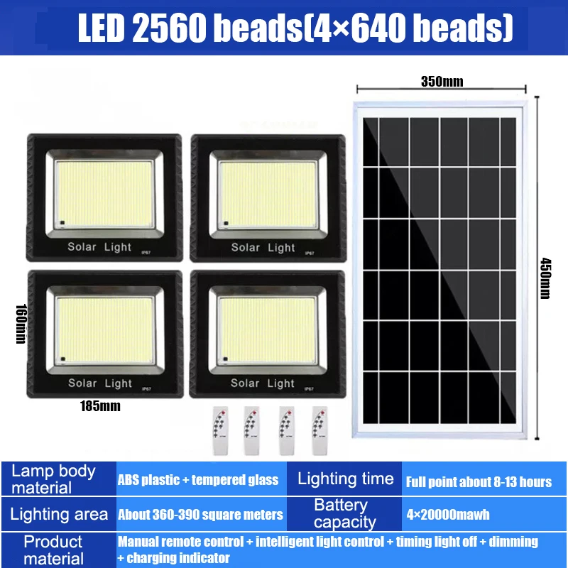 Solar LED Street Light Outdoor IP67 Waterproof Floodlight 4×1200W4×2400W Four Lamp Holders Detachable Remote Control Solar Panel