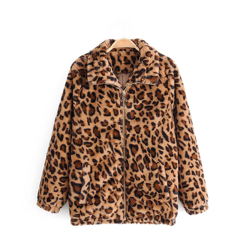 PUWD Casual Women Leopard Print Plush Jacket 2021 autunno inverno Retro High Street Fashion Coat Trend Loose Female Thick Outwear