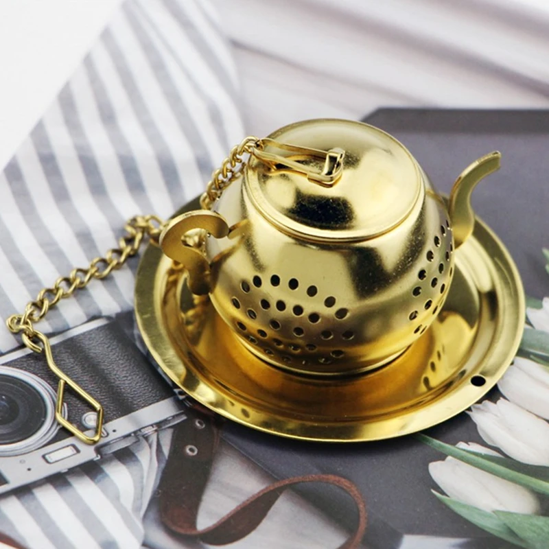 Exquisite Teapot Shape Spice Flower Tea Infuser Strainer Stainless Steel Gilded Hanging Chain Filter Kitchen Teaware Accessories