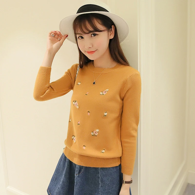 S-3XL New Youth Women Sweater Autumn Winter 2024 Fashion Elegant Peach Embroidery Slim Girl Knitted Pullover Tops Female