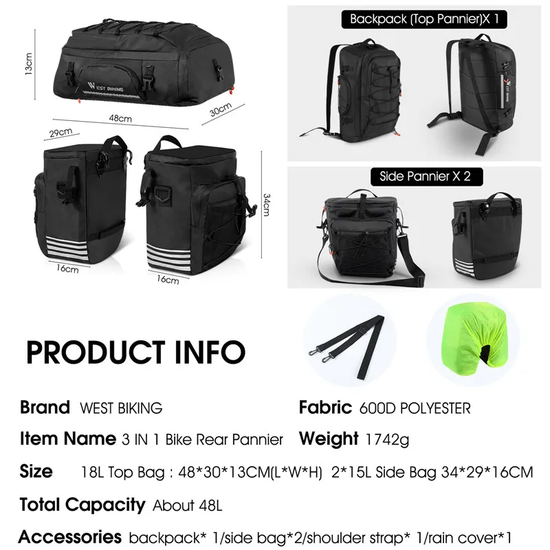 WEST BIKING Multifunctional Bike Bag Rear Seat Trunk Bag Waterproof Bicycle Pannier MTB Mountain Cycling Luggage Sport Backpack