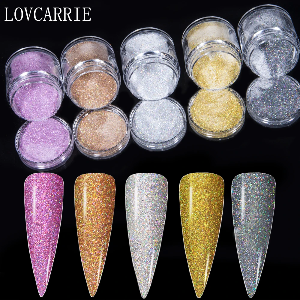 LOVCARRIE Holographic Acrylic Powder Glitter Gold Silver Dipping Powder Pigment Chrome Nail Art for Acryl Gel Builder Extension