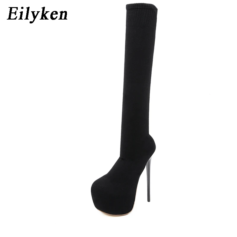 Eilyken 17CM Platform Heels Woman Over Knee Winter Boot Womens Black Knitting Round Toe Thigh High Long Socks Lady Shoes