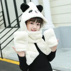 Winter Panda Rabbit Animal Ear Hat Kids Girls Cap Cute Plush Faux Fur Hat Scarf Gloves One Three-piece For Children Party Gifts