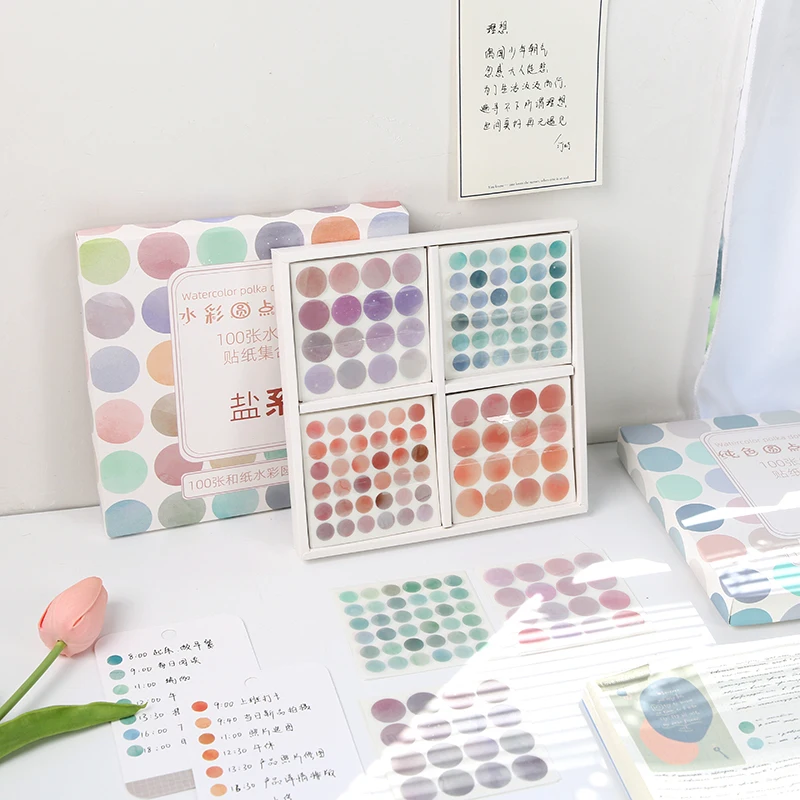 100 Sheets Watercolor Polka Dot Sticker Bullet Journaling Accessories Scrapbooking DIY Color Label Washi Sticker Stationery Gift